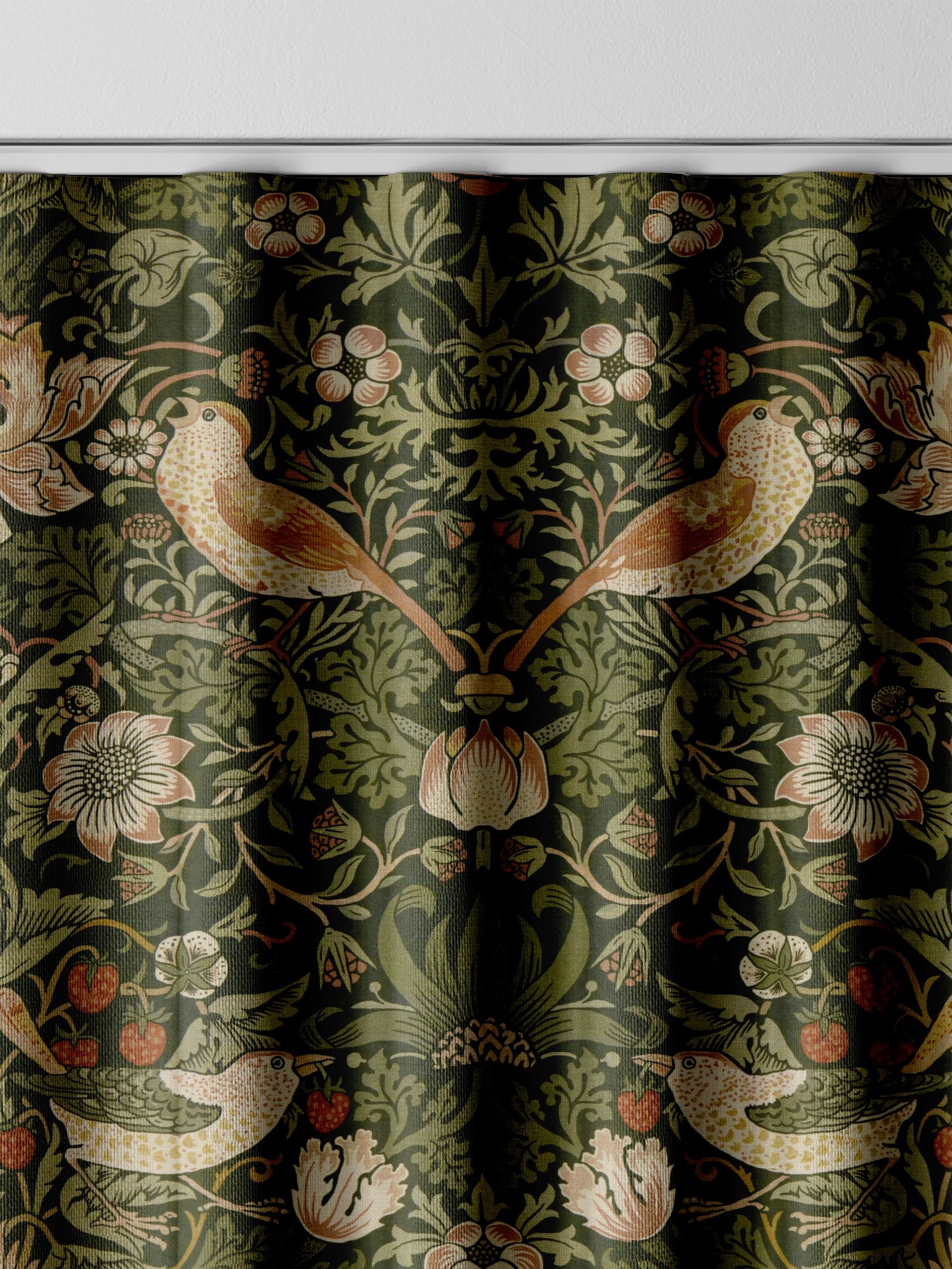 William Morris Green Strawberry Thief made to measure curtains, UK version