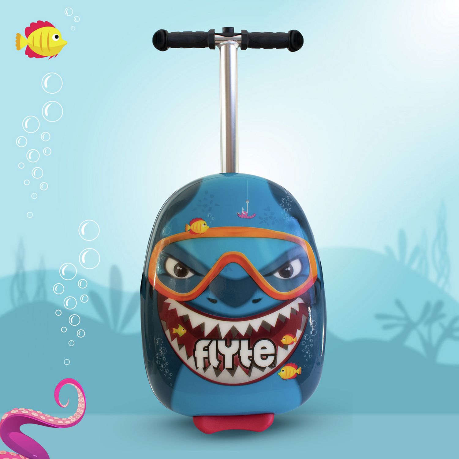 Flyte Stormy the Shark folding tri scooter suitcase in blue, UK version