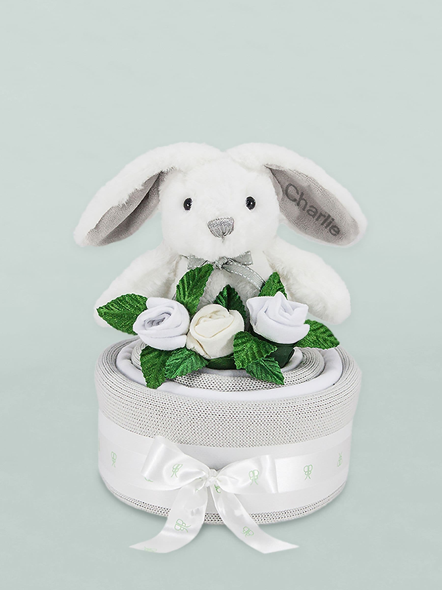 Babyblooms grey cake blanket with personalised bunny toy (British brand)
