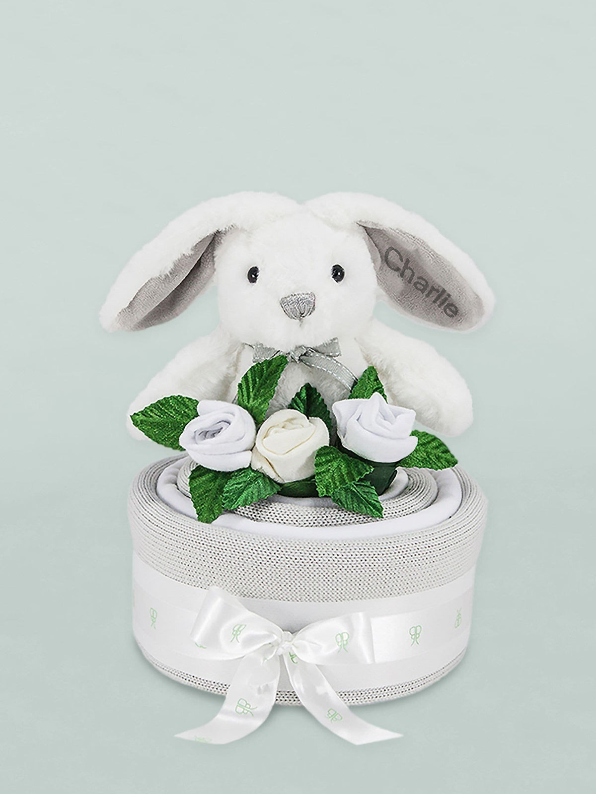 Babyblooms grey cake blanket with personalised bunny toy (British brand)