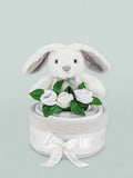 Babyblooms grey cake blanket with personalised bunny toy (British brand)