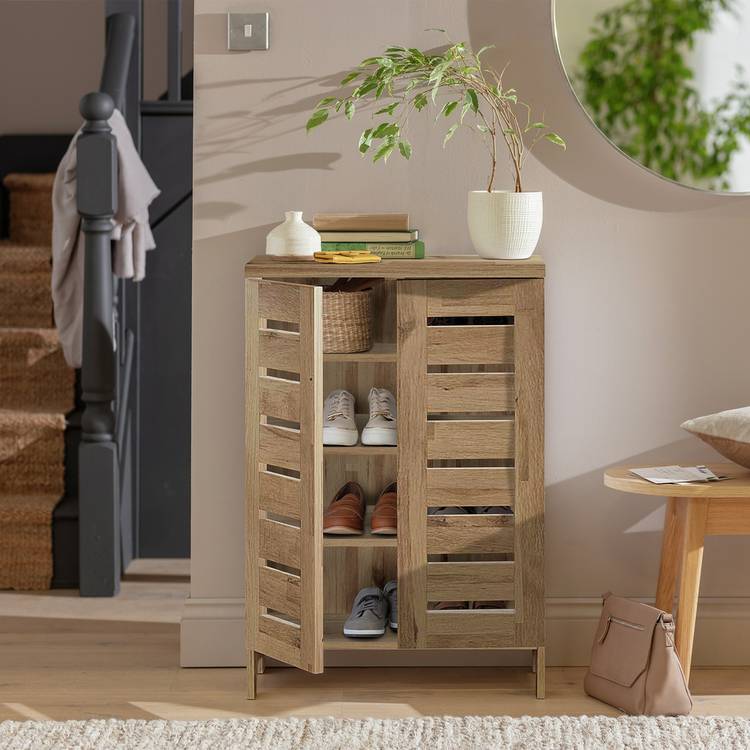 Argos Home slatted shoe storage cabinet oak finish (British brand)