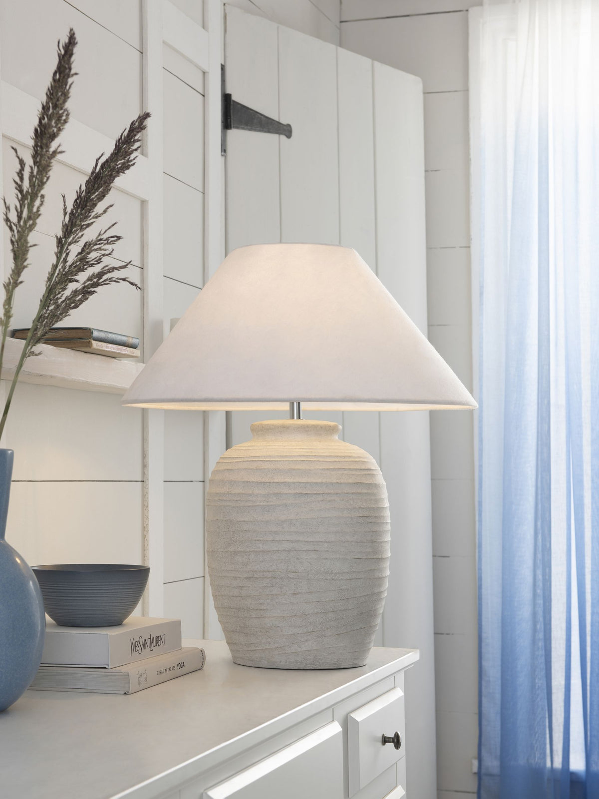 Kingham table lamp with white washed carved detail 55cm (British brand)