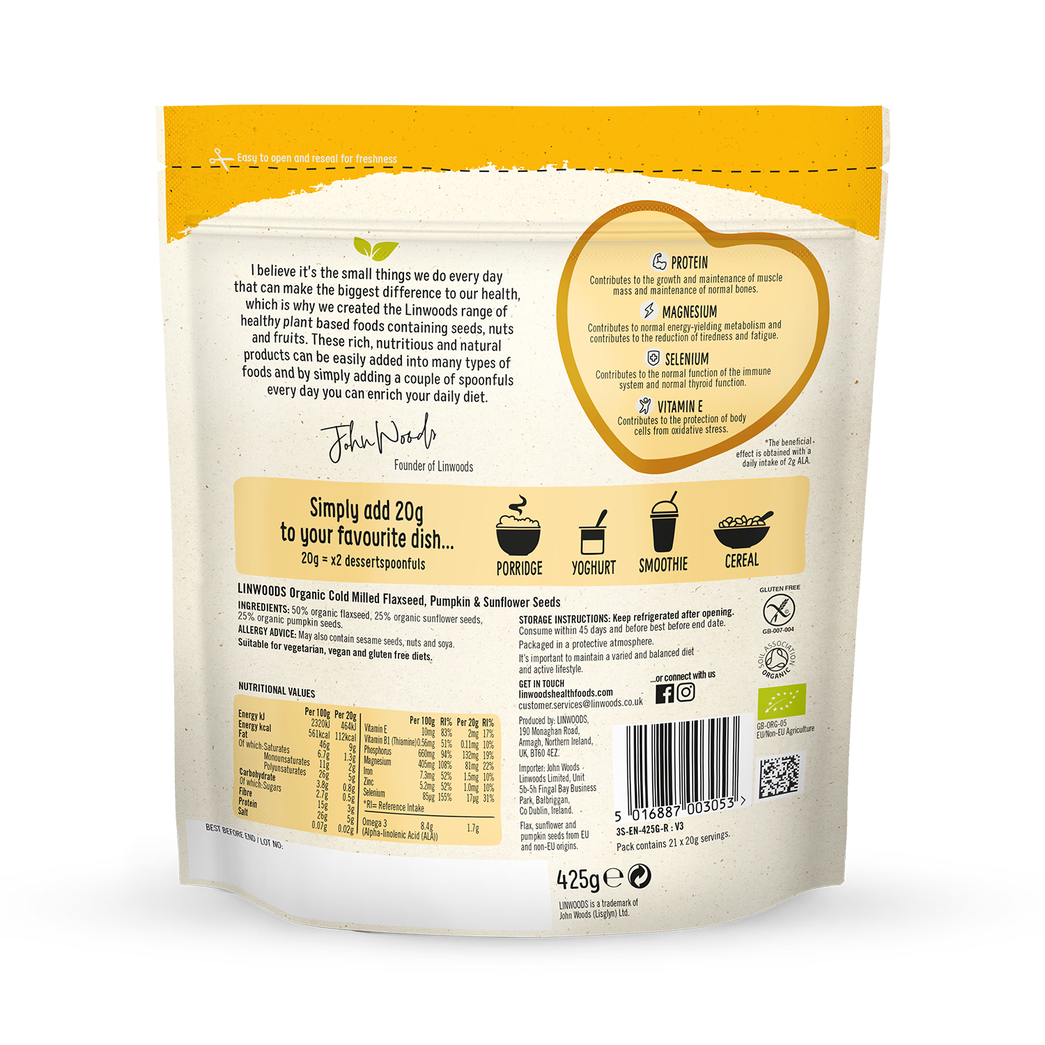 Linwoods milled organic flaxseed sunflower pumpkin seeds 425g imported from the UK