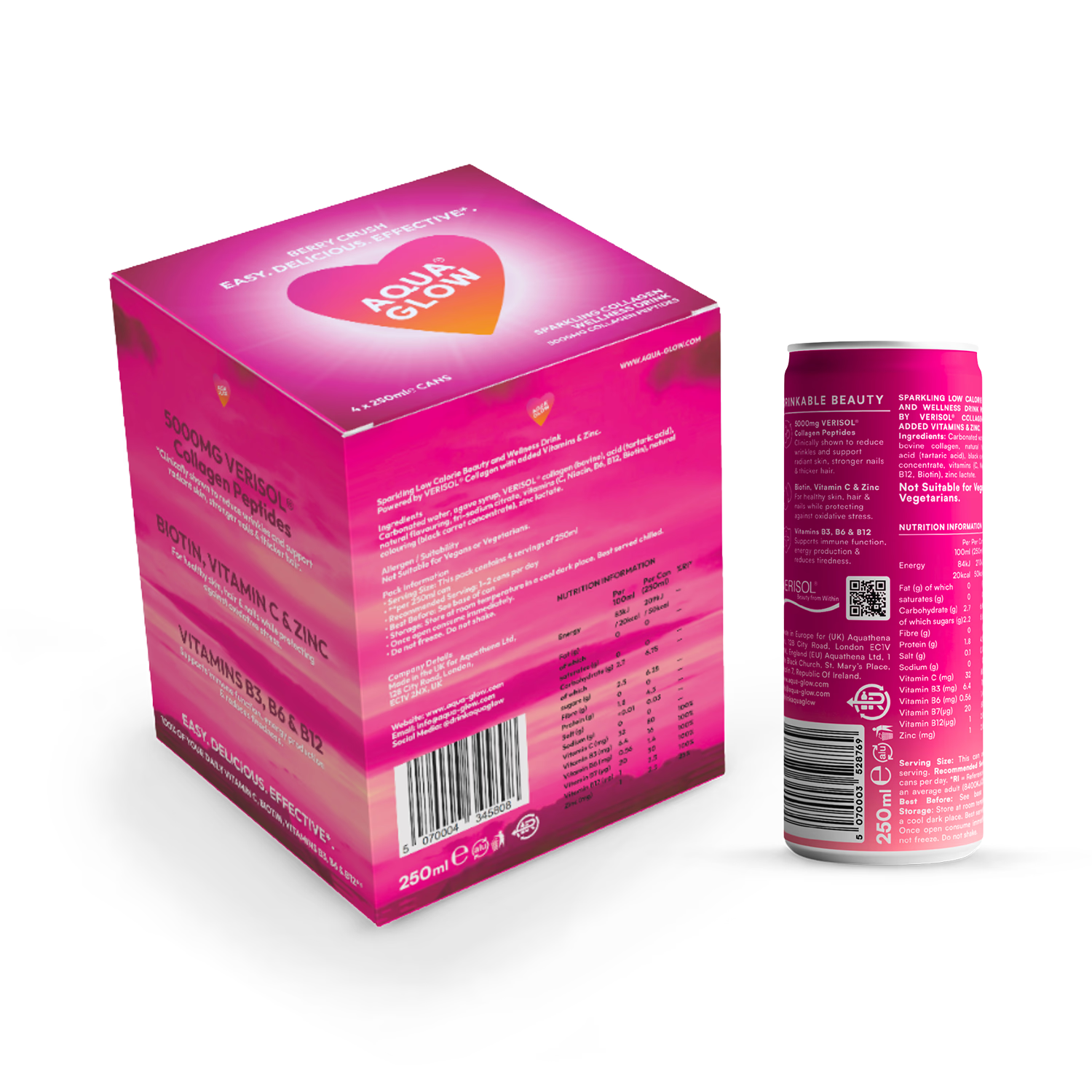 AQUA GLOW collagen drink Berry Crush 4x250ml (British brand)