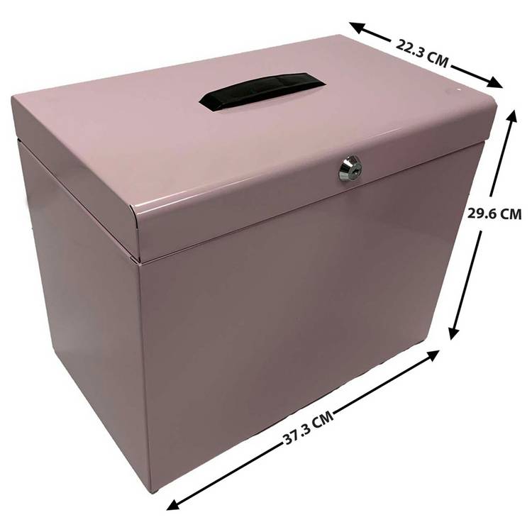 Cathedral pink A4 metal file box with handle (British brand)