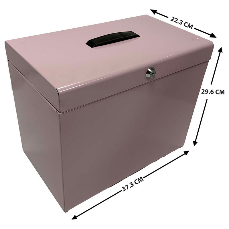 Cathedral pink A4 metal file box with handle (British brand)