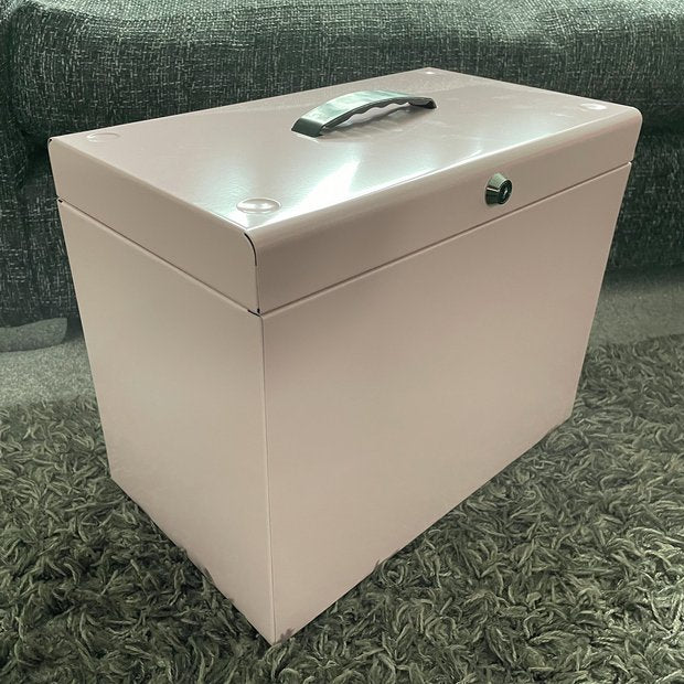 Cathedral pink A4 metal file box with handle (British brand)