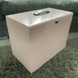 Cathedral pink A4 metal file box with handle (British brand)