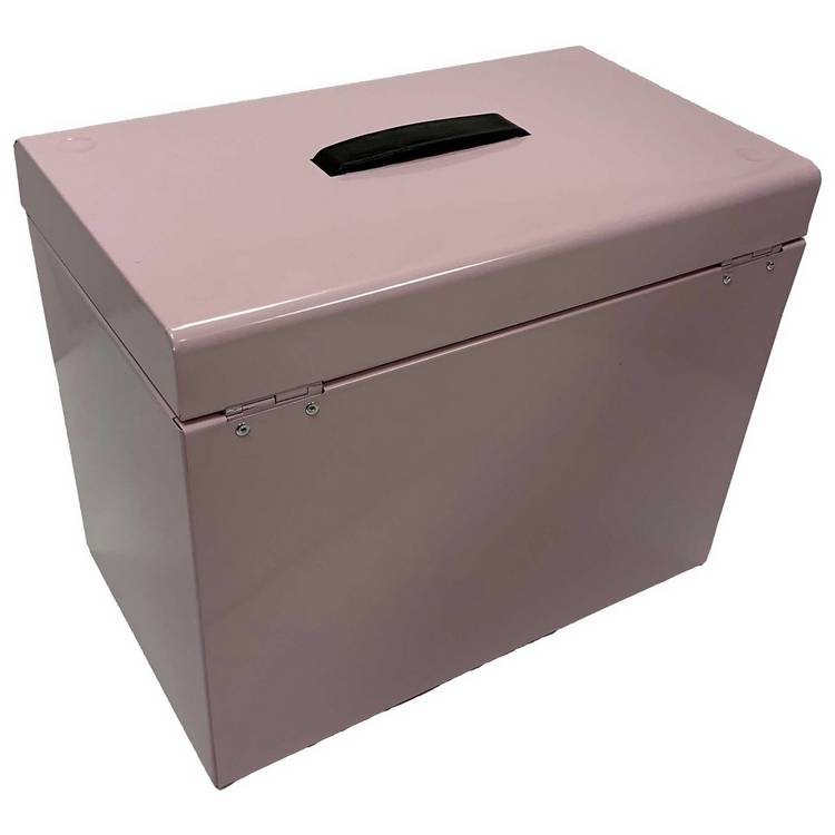 Cathedral pink A4 metal file box with handle (British brand)