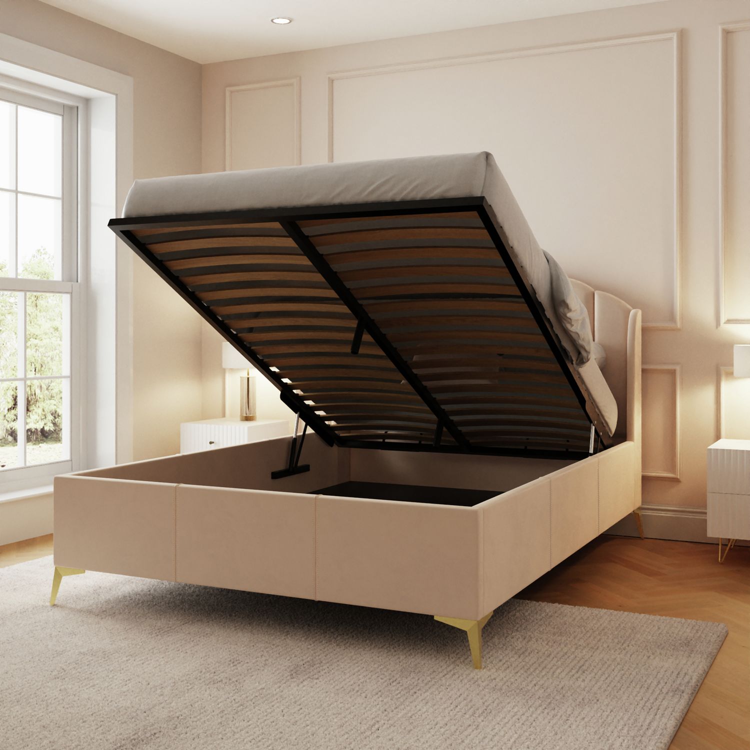 GFW Pettine Double Velvet Ottoman Bed Frame - Cream