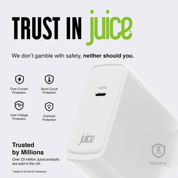 Juice 140W USB-C laptop charger with 2m cable, UK version