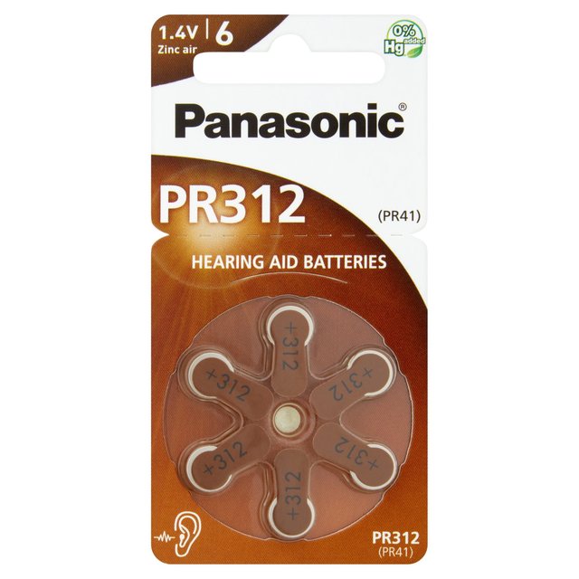 Panasonic PR-312 Zinc Air Hearing Aid Batteries   6 per pack