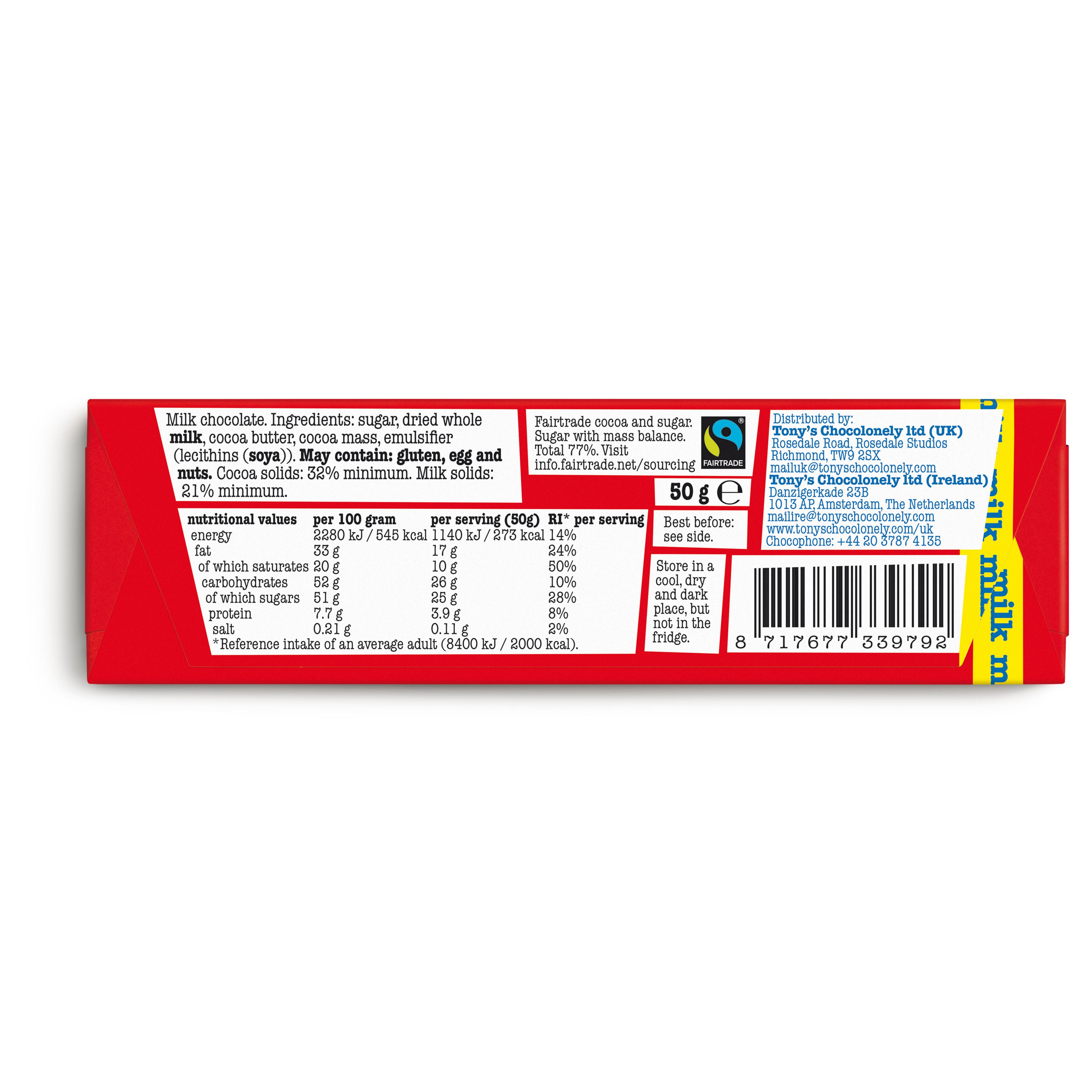 Tony's Chocolonely milk chocolate bar 50g, UK version