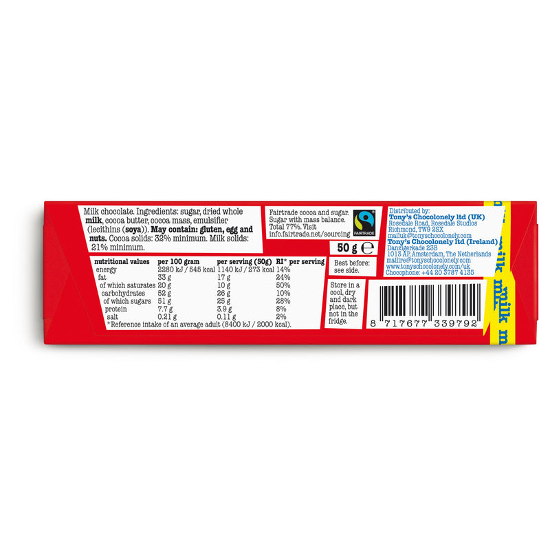 Tony's Chocolonely milk chocolate bar 50g, UK version