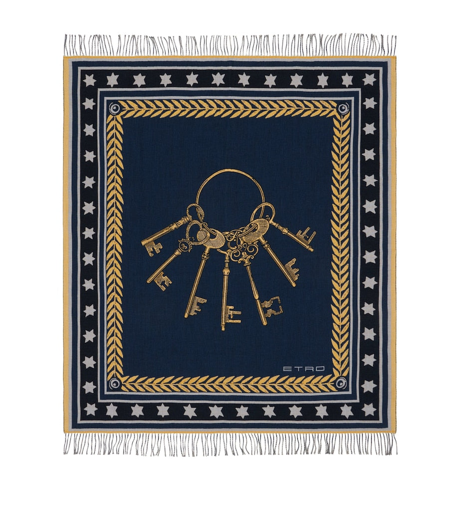 Etro wool fringed herald keys throw 180cm x 140cm - British product