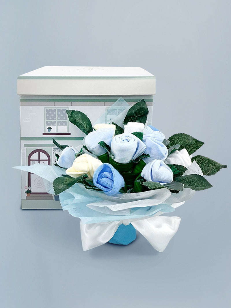 Babyblooms baby blue welcome hamper with Frankie Bear soft toy, UK version