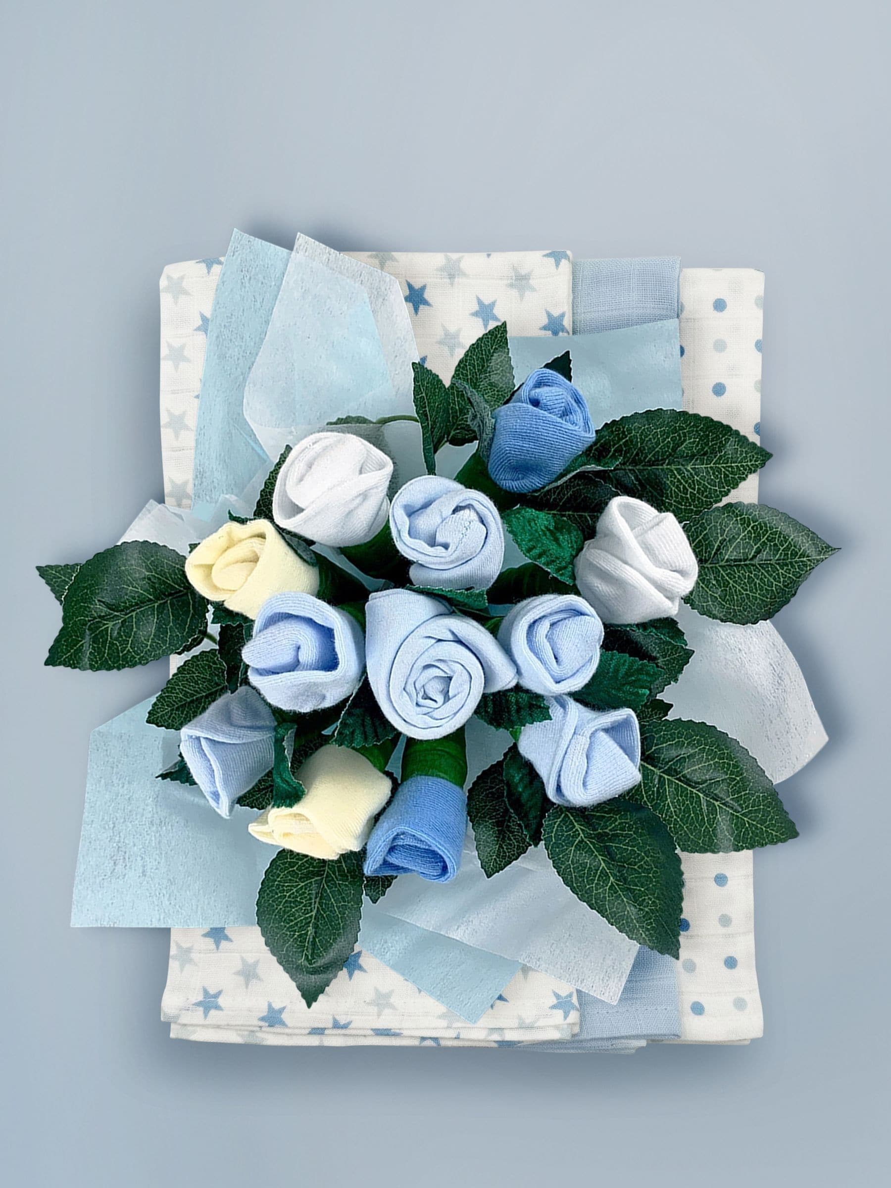Babyblooms baby blue welcome hamper with Frankie Bear soft toy, UK version
