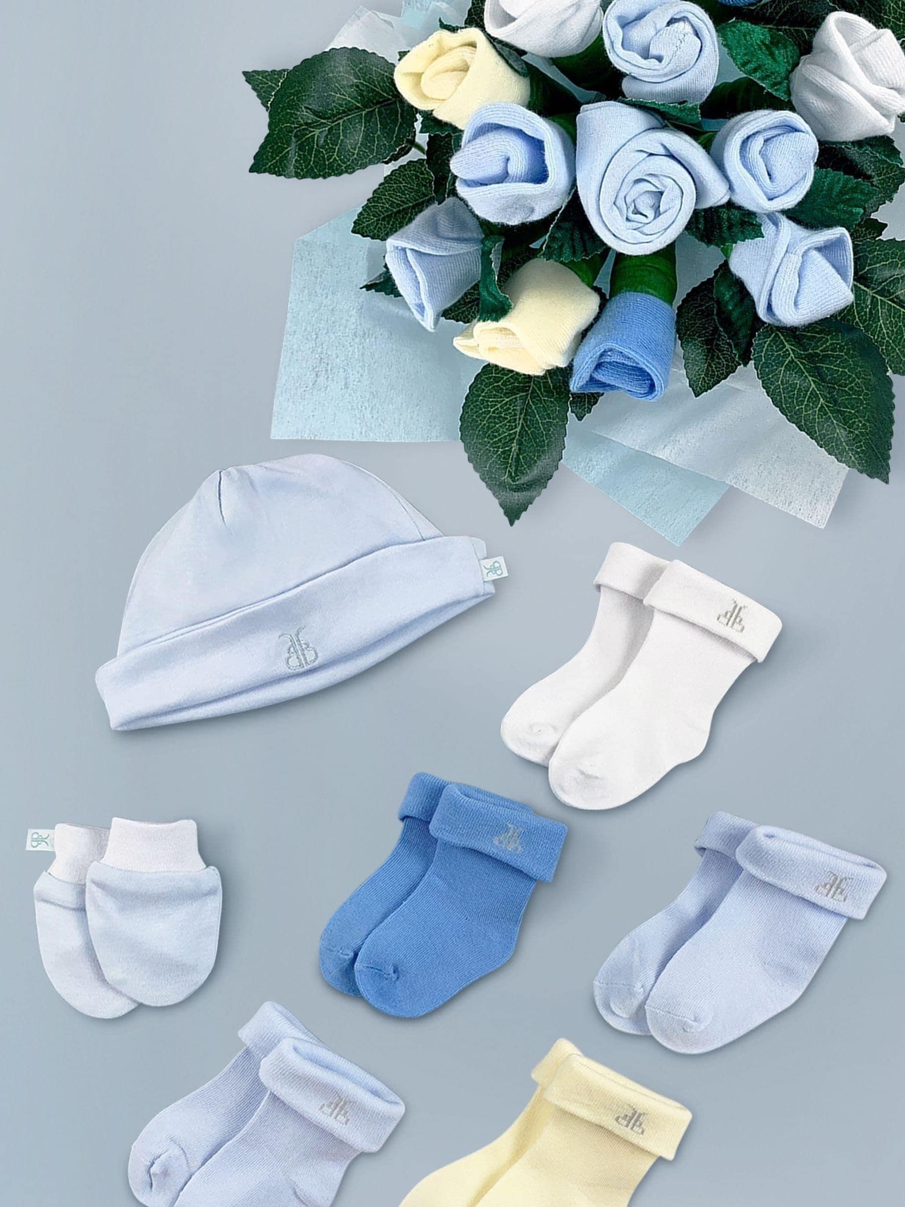 Babyblooms baby blue welcome hamper with Frankie Bear soft toy, UK version