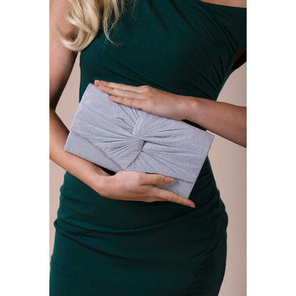 SVNX ruched bow clutch bag in silver (British brand)