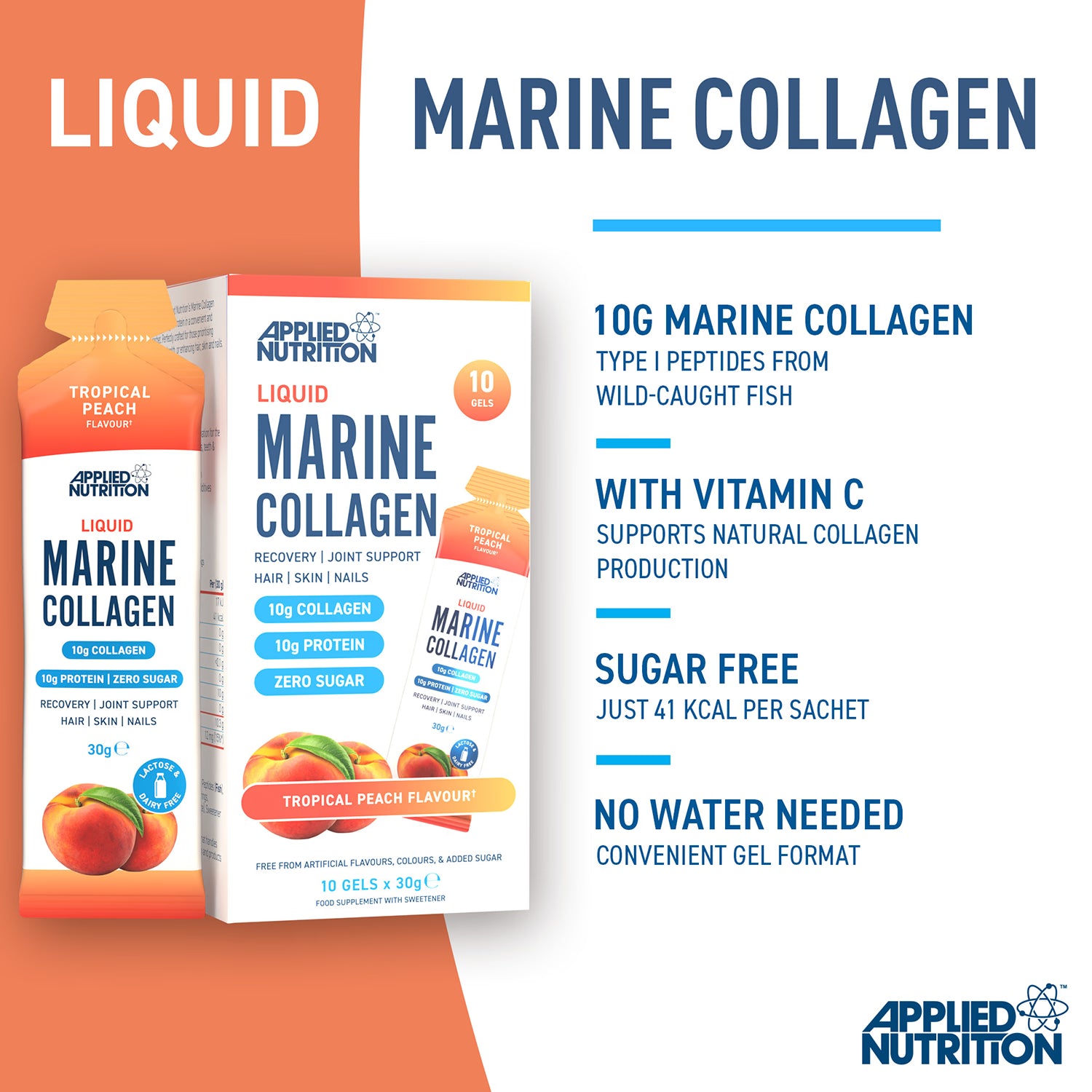 Applied Nutrition marine collagen liquid tropical peach 10 sachets - British product