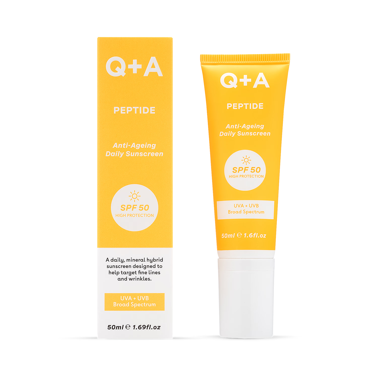 Q+A Peptide SPF50 anti-ageing daily facial sunscreen 50ml, UK version