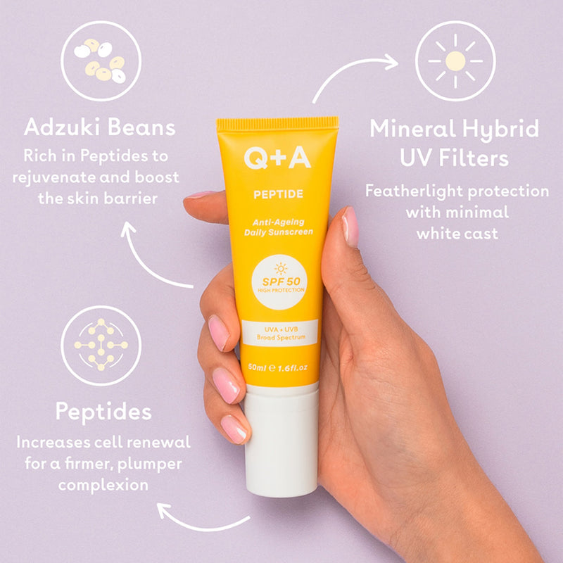 Q+A Peptide SPF50 anti-ageing daily facial sunscreen 50ml, UK version