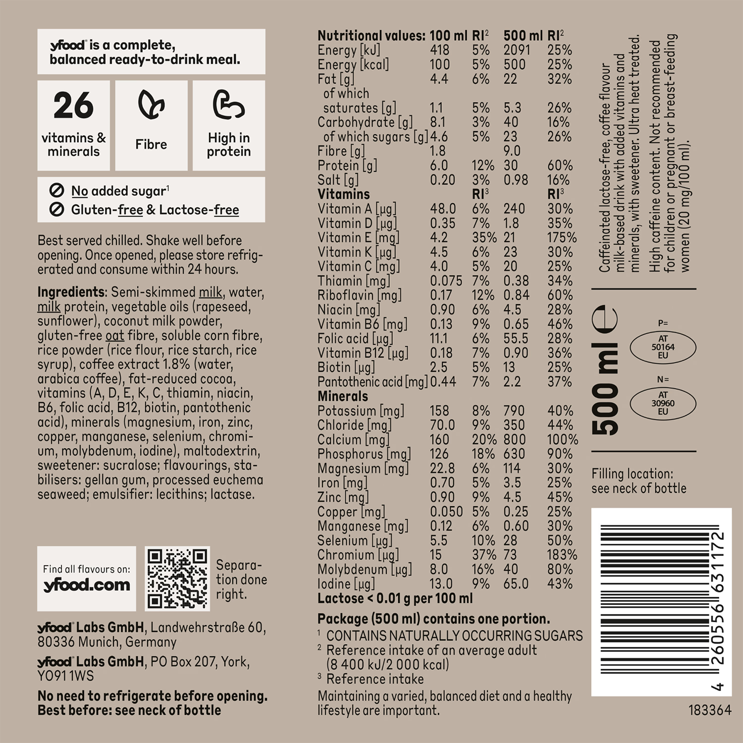 Yfood cold brew coffee meal drink 500ml, UK version