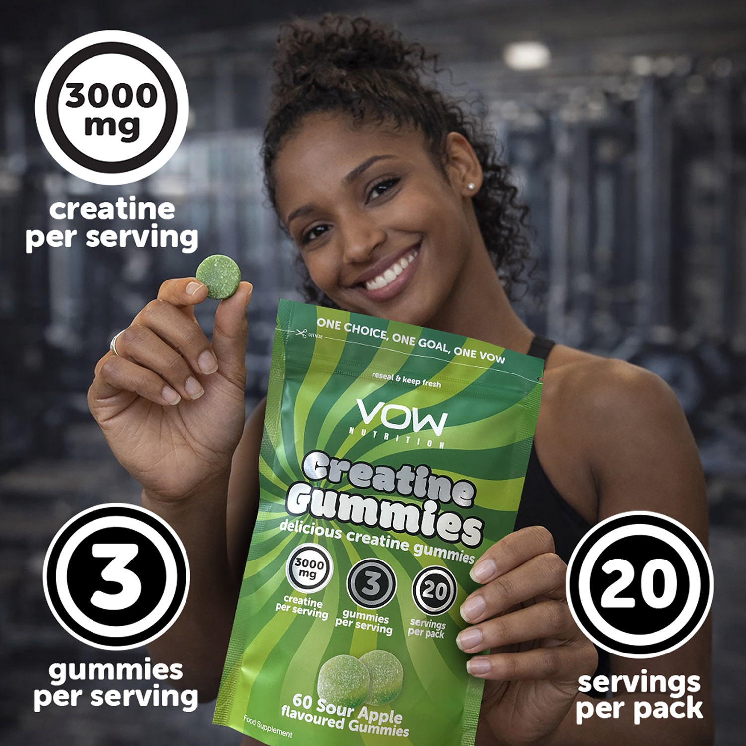VOW Nutrition Creatine Gummies Sour Apple 60 Gummies, UK version