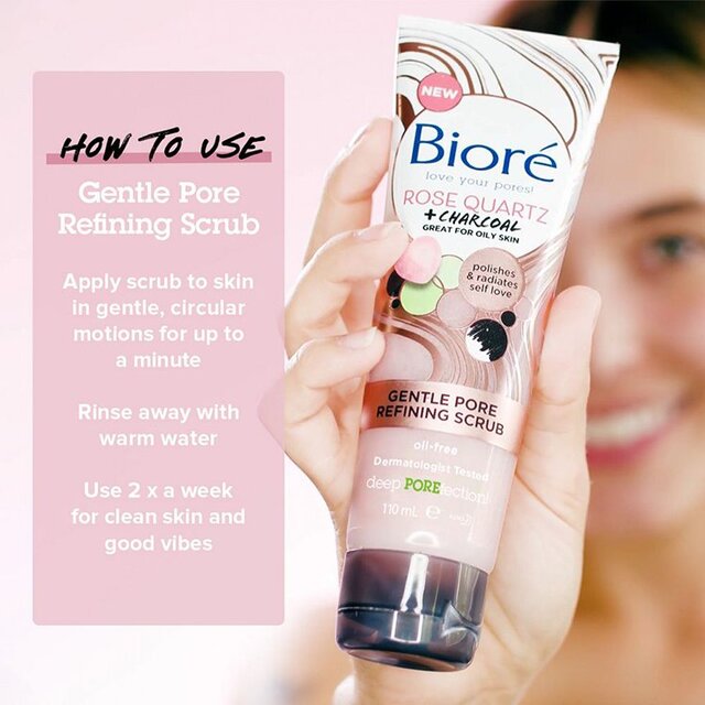 Biore Rose Quartz & Charcoal Gentle Pore Refining Face Scrub for Oily Skin   110ml - McGrocer