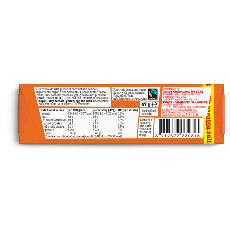 Tony's Chocolonely milk chocolate bar caramel sea salt 47g, imported from the UK