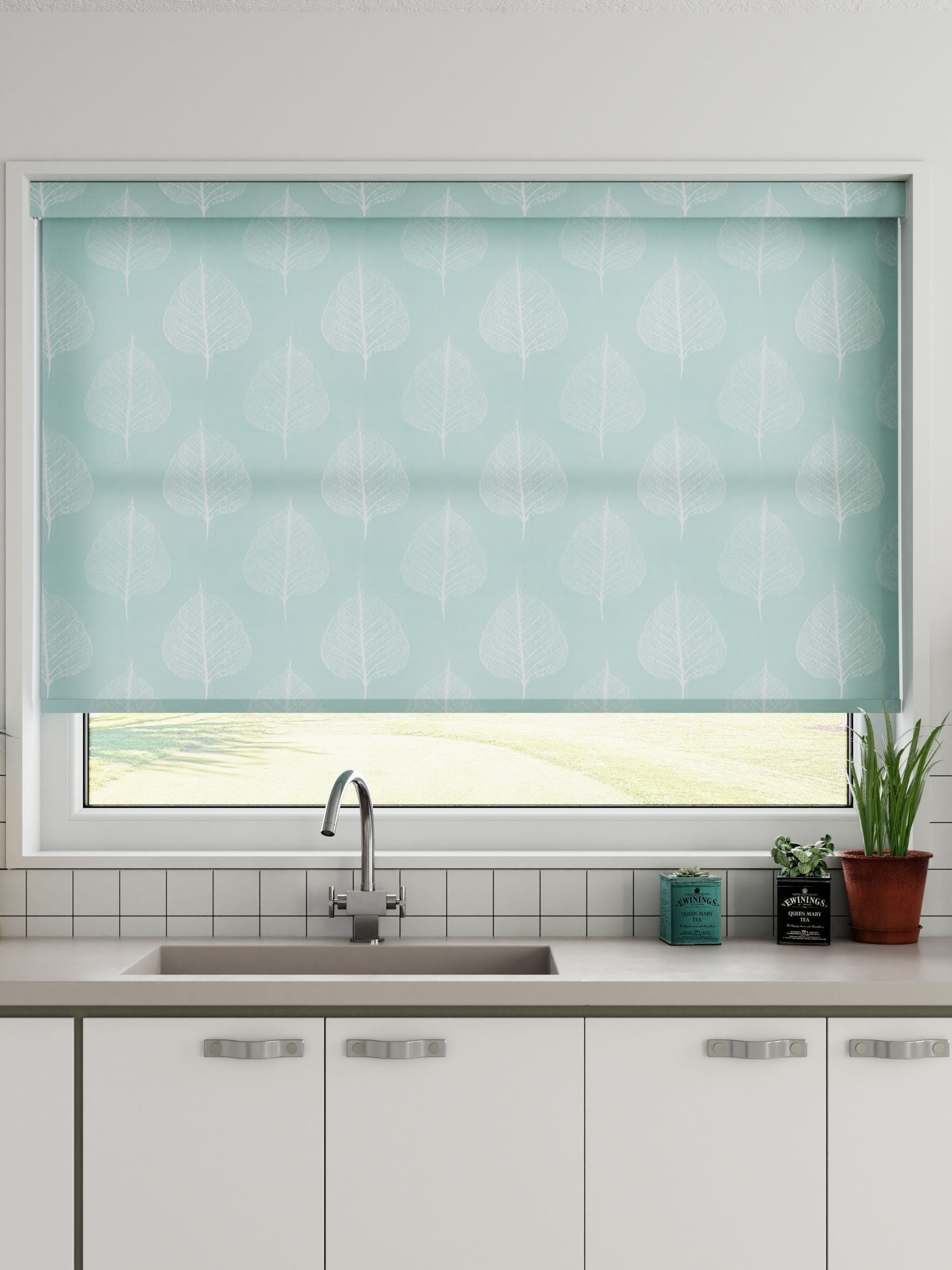 Jade Blue roller blind made to measure with woven leaf fabric, imported from the UK
