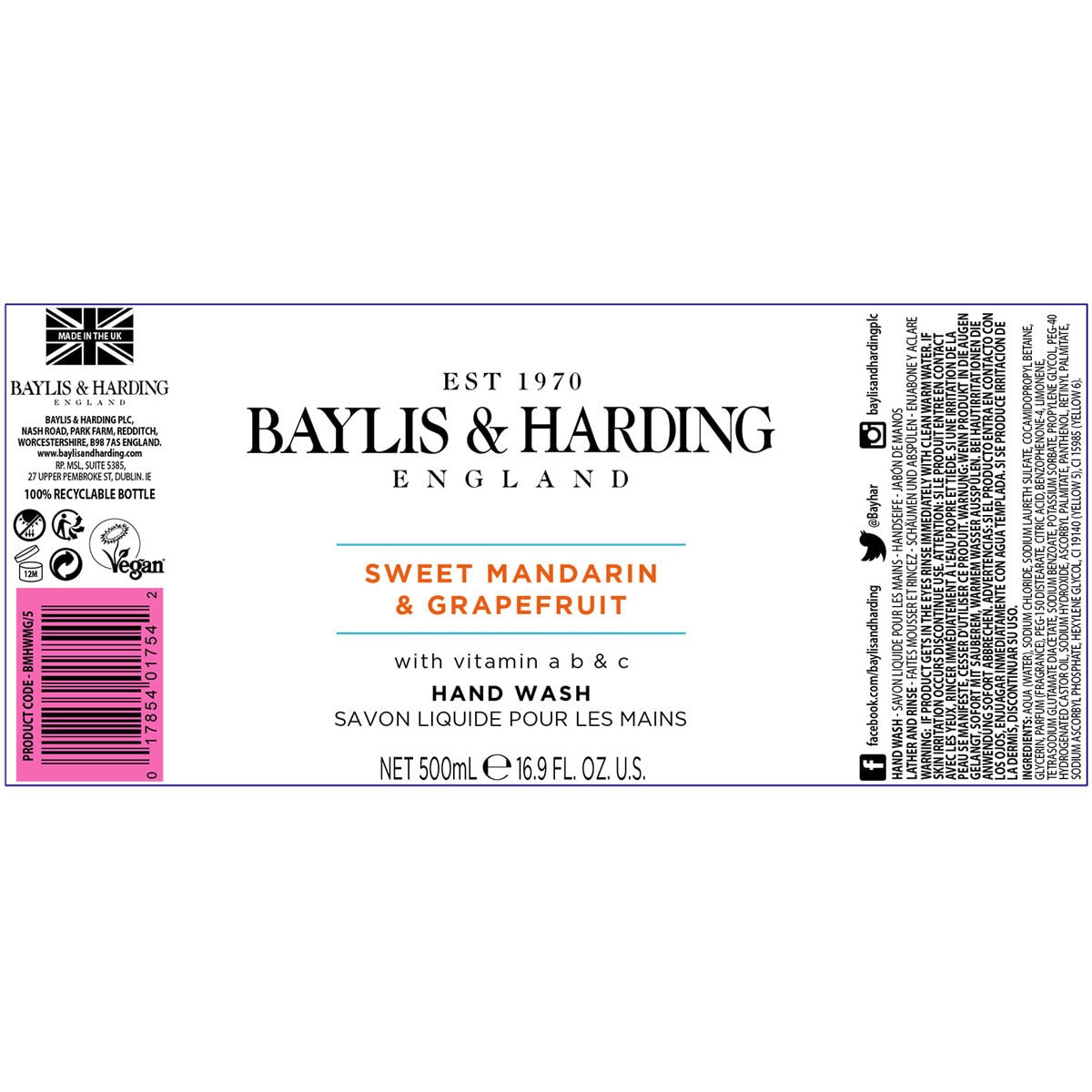 Baylis & Harding Sweet Mandarin & Grapefruit hand wash 4 x 500ml, UK version