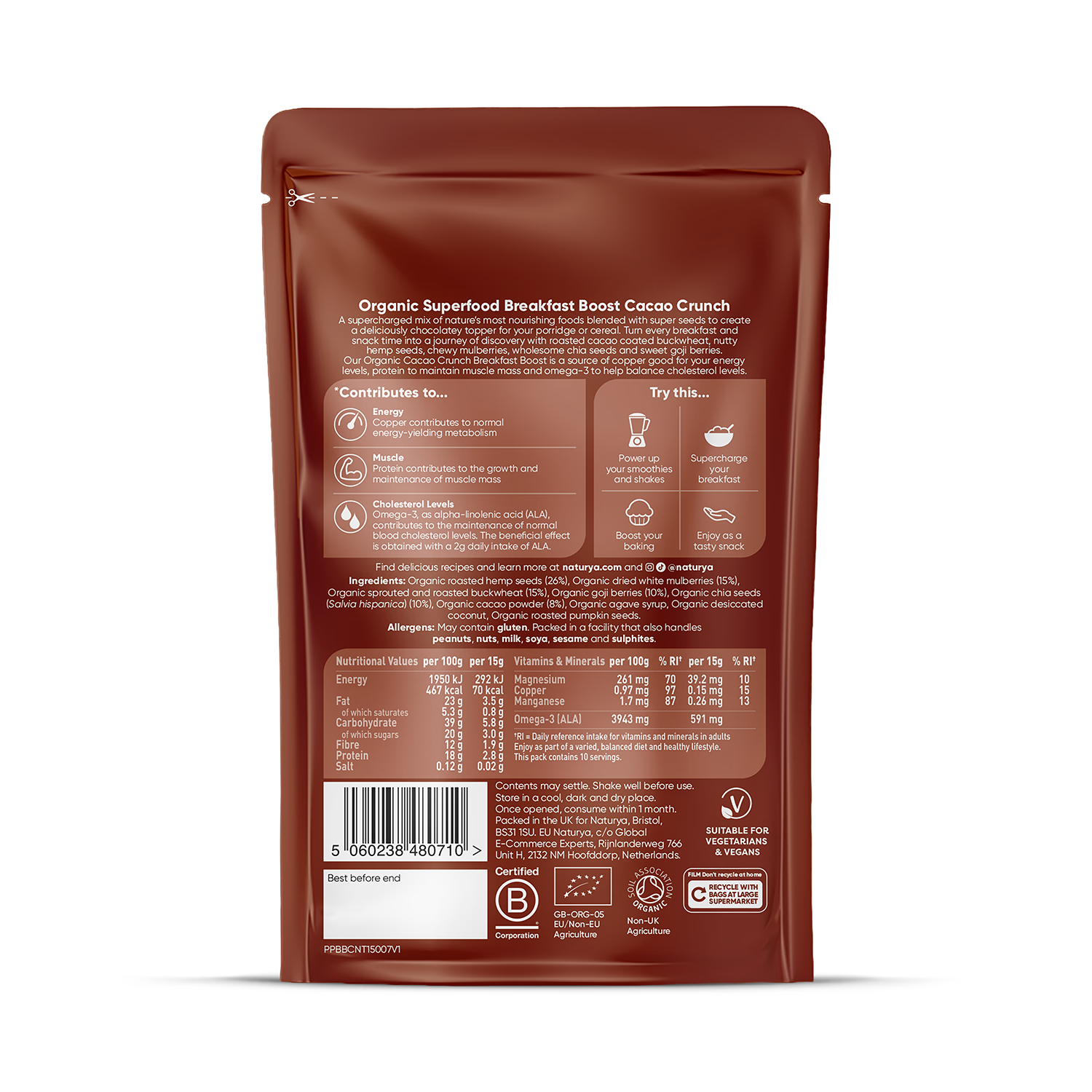 Naturya organic breakfast boost cacao crunch 150g, imported from the UK
