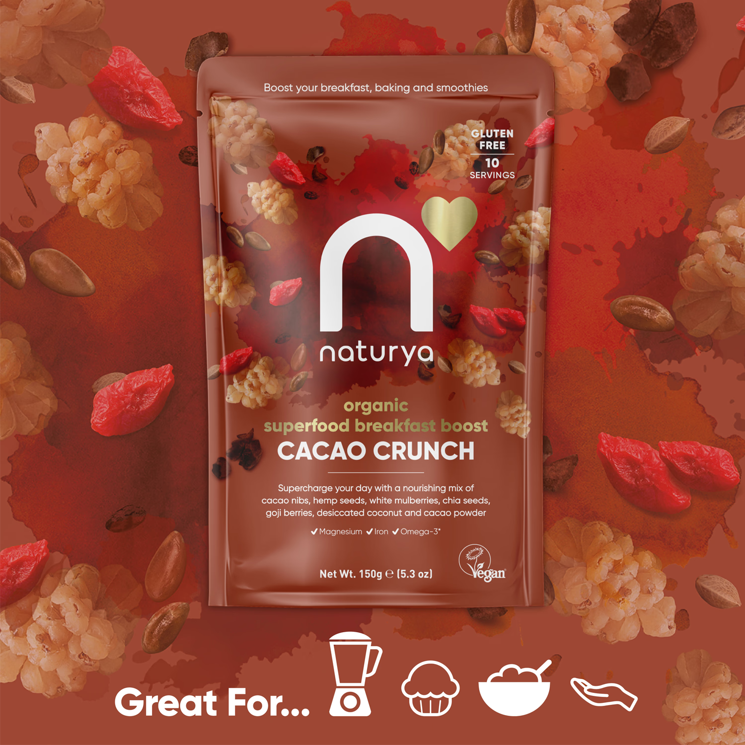 Naturya organic breakfast boost cacao crunch 150g, imported from the UK