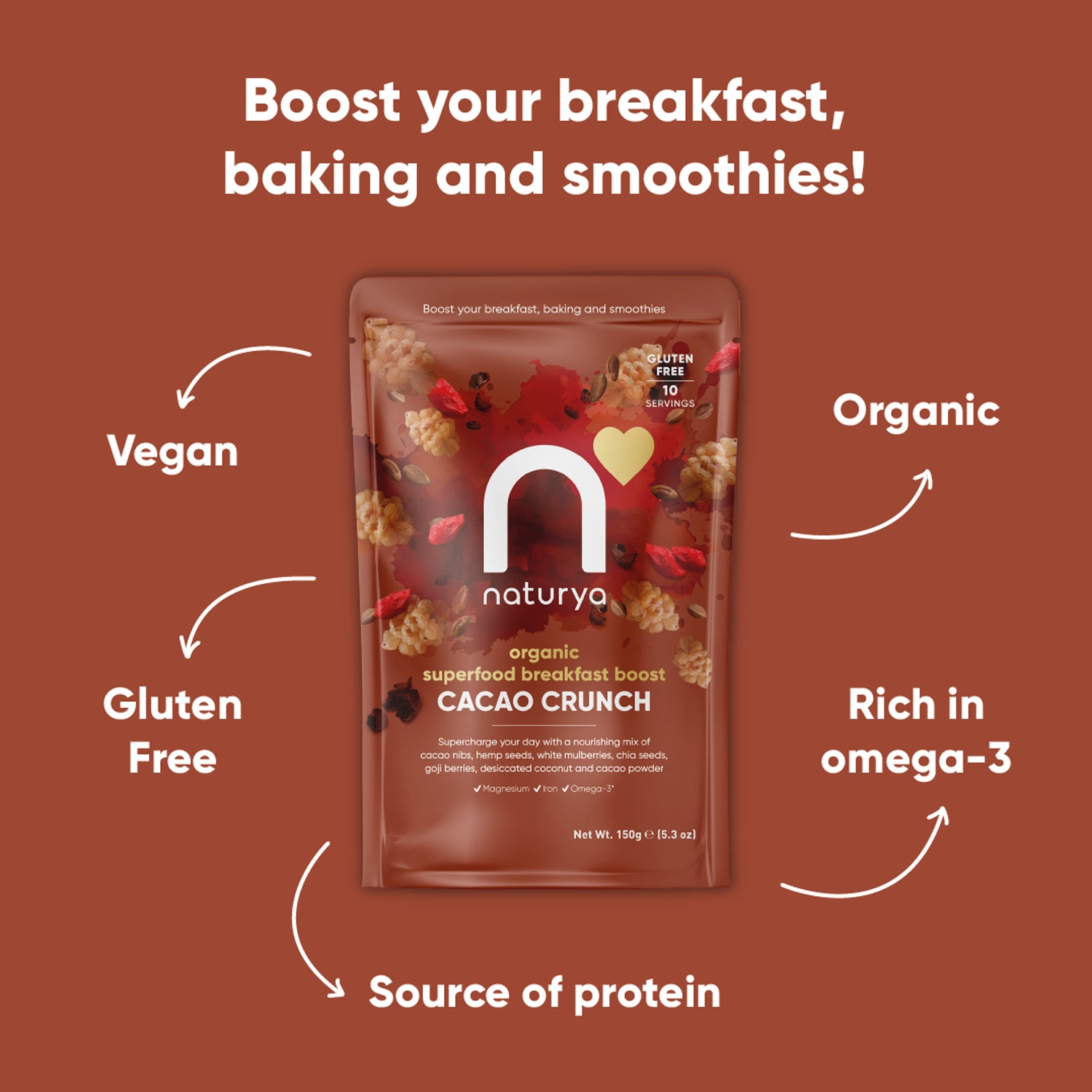 Naturya organic breakfast boost cacao crunch 150g, imported from the UK