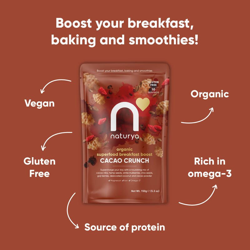 Naturya organic breakfast boost cacao crunch 150g, imported from the UK