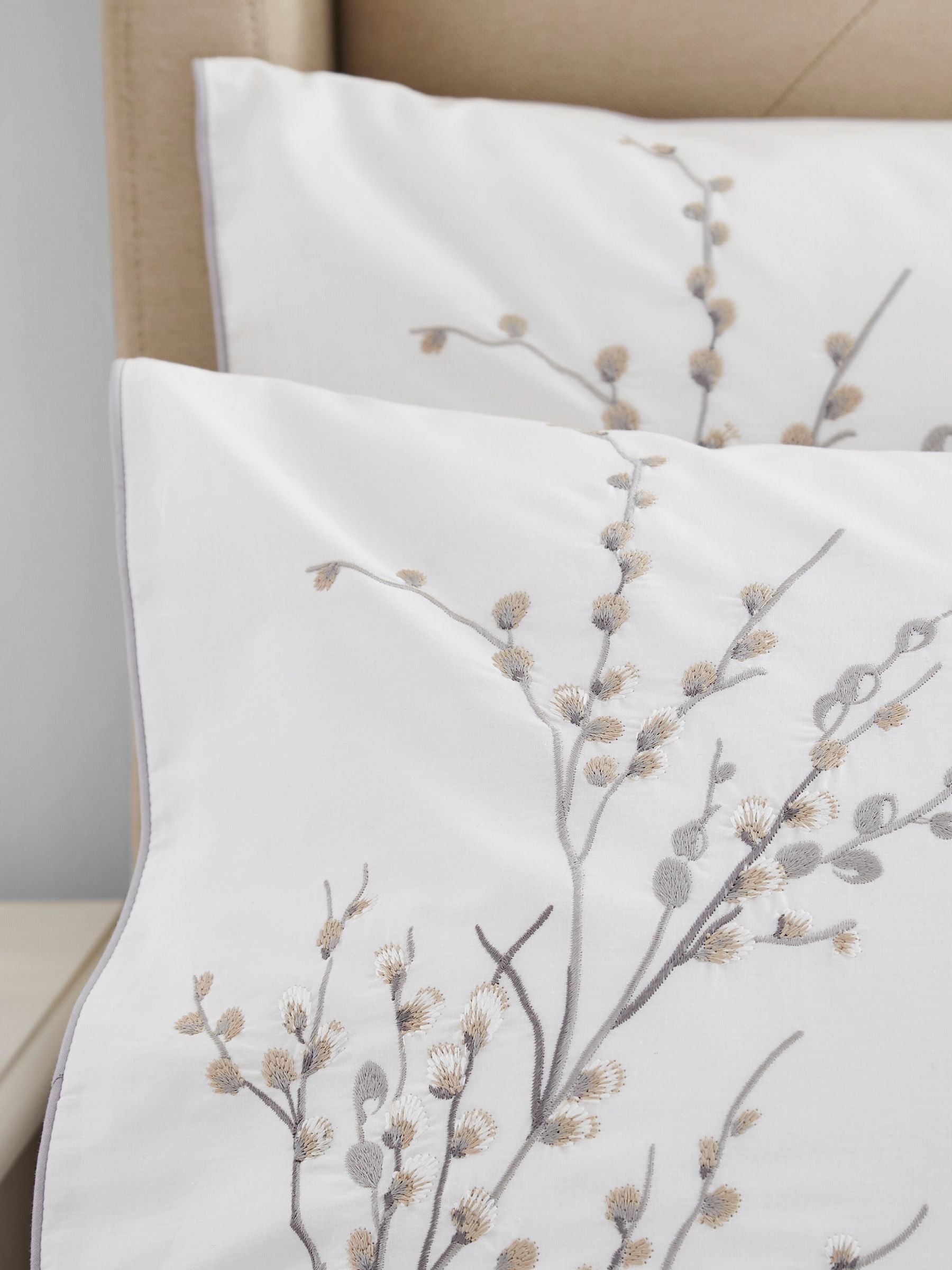 Laura Ashley Grey Dove Pussy Willow Sprig Embroidered Duvet Cover and Pillowcase Set, UK version
