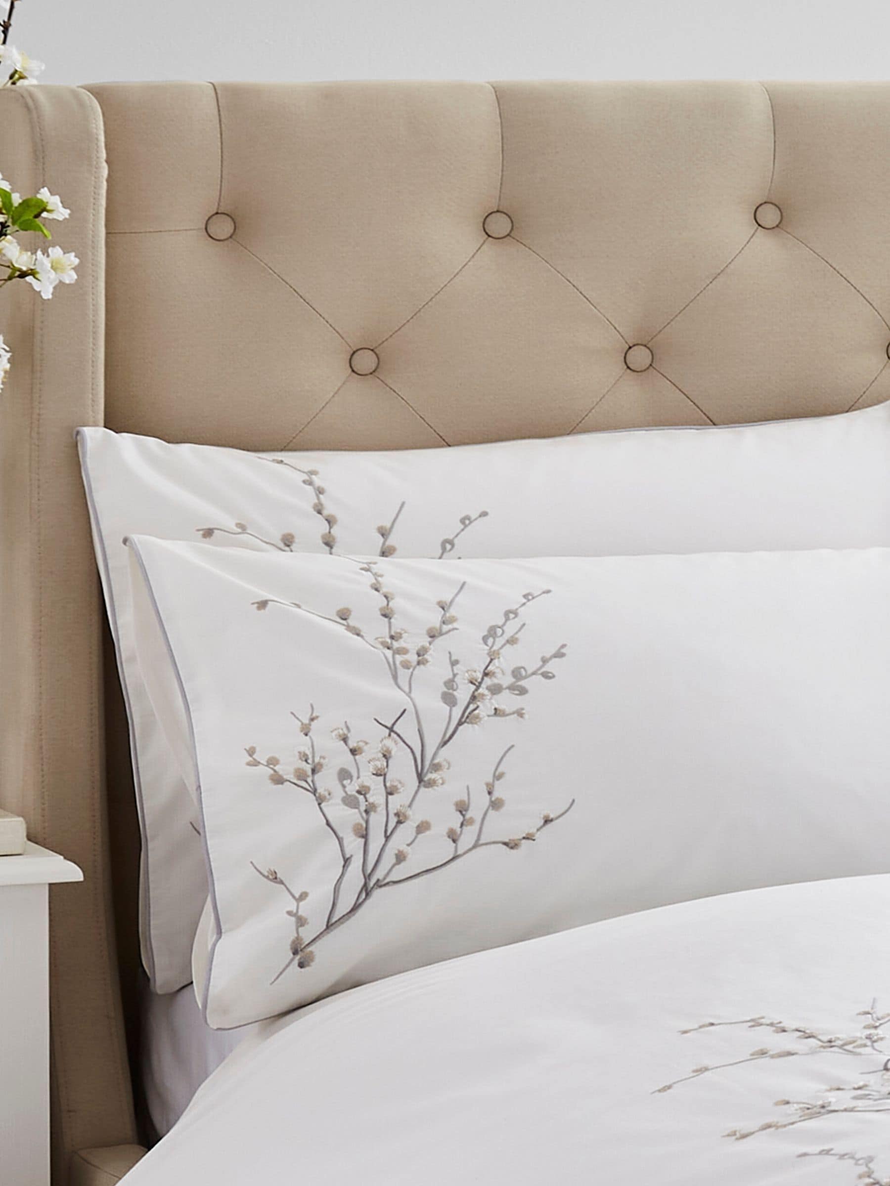 Laura Ashley Grey Dove Pussy Willow Sprig Embroidered Duvet Cover and Pillowcase Set, UK version