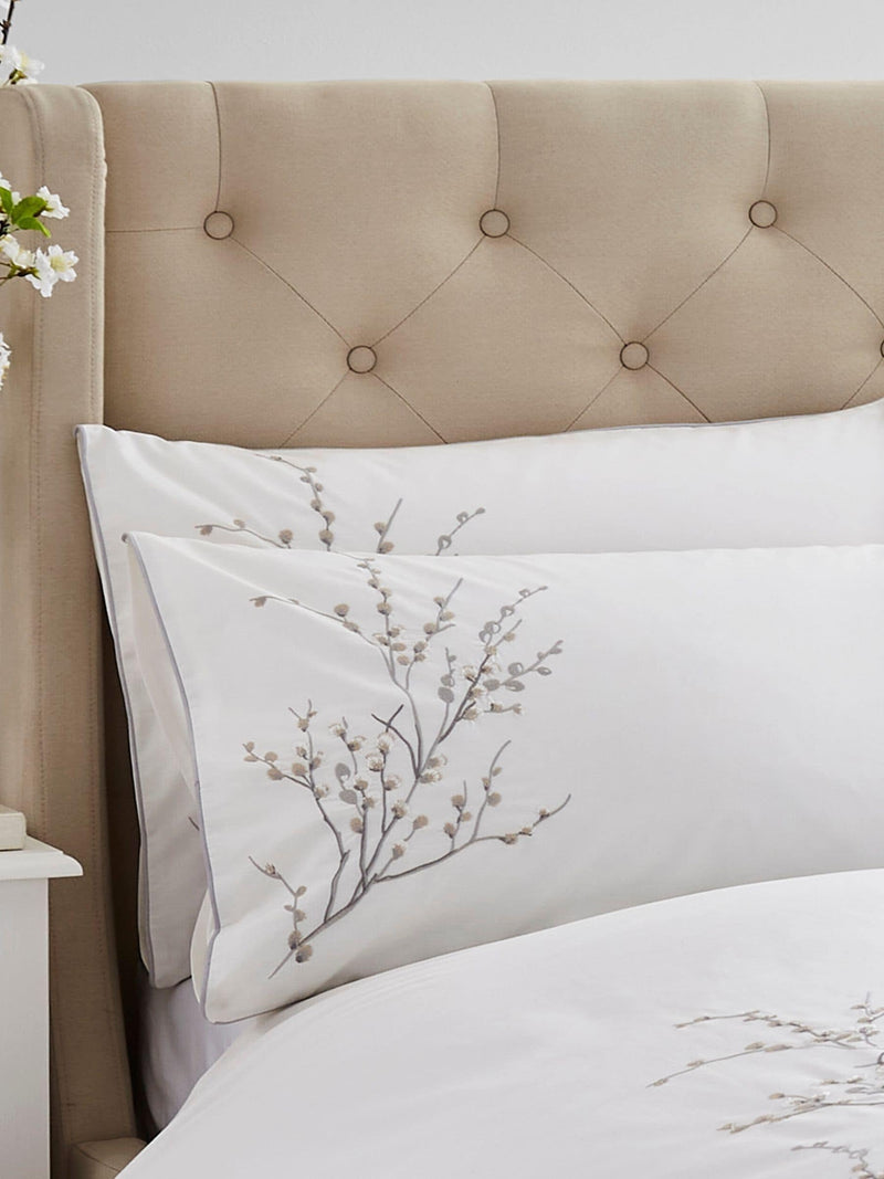 Laura Ashley Grey Dove Pussy Willow Sprig Embroidered Duvet Cover and Pillowcase Set, UK version