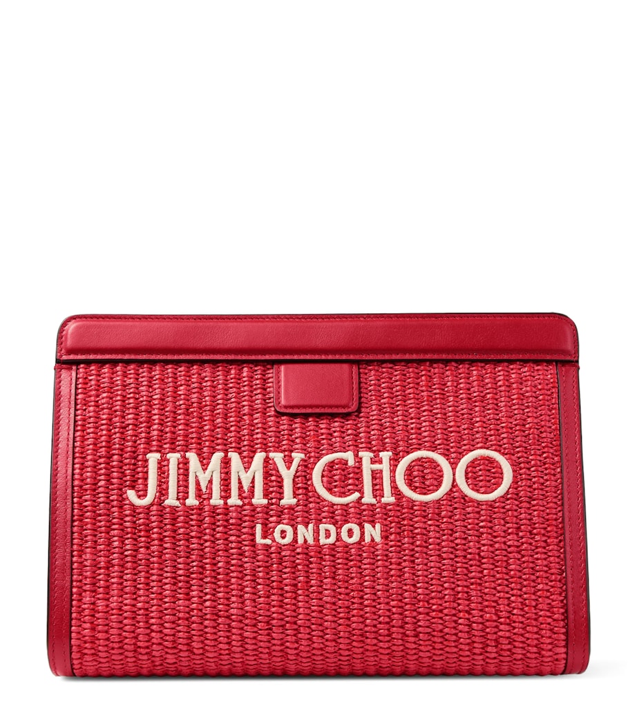 Jimmy Choo raffia leather-trim Avenue pouch, UK version