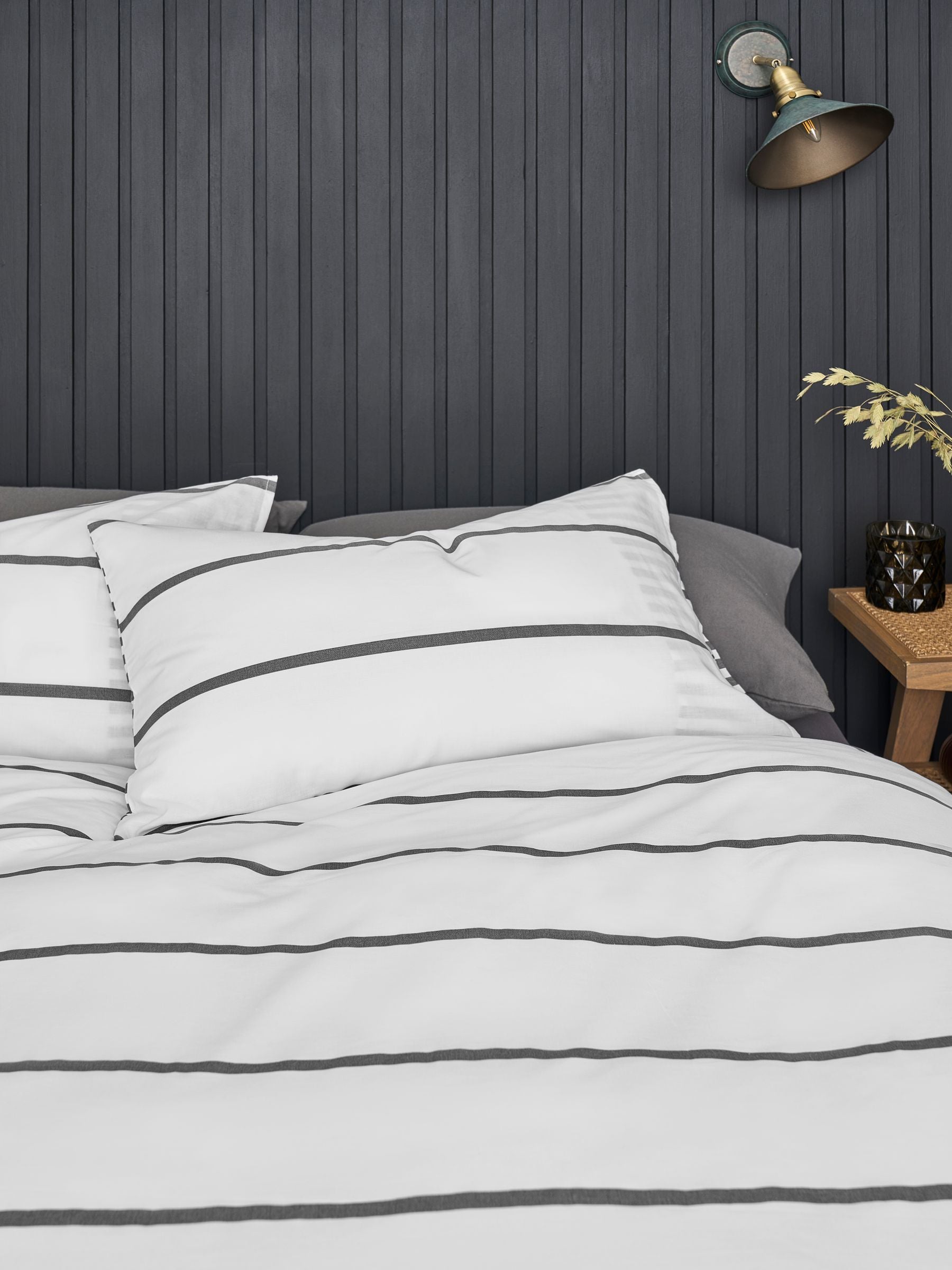 Grey stripe reversible duvet cover and pillowcase set, UK version