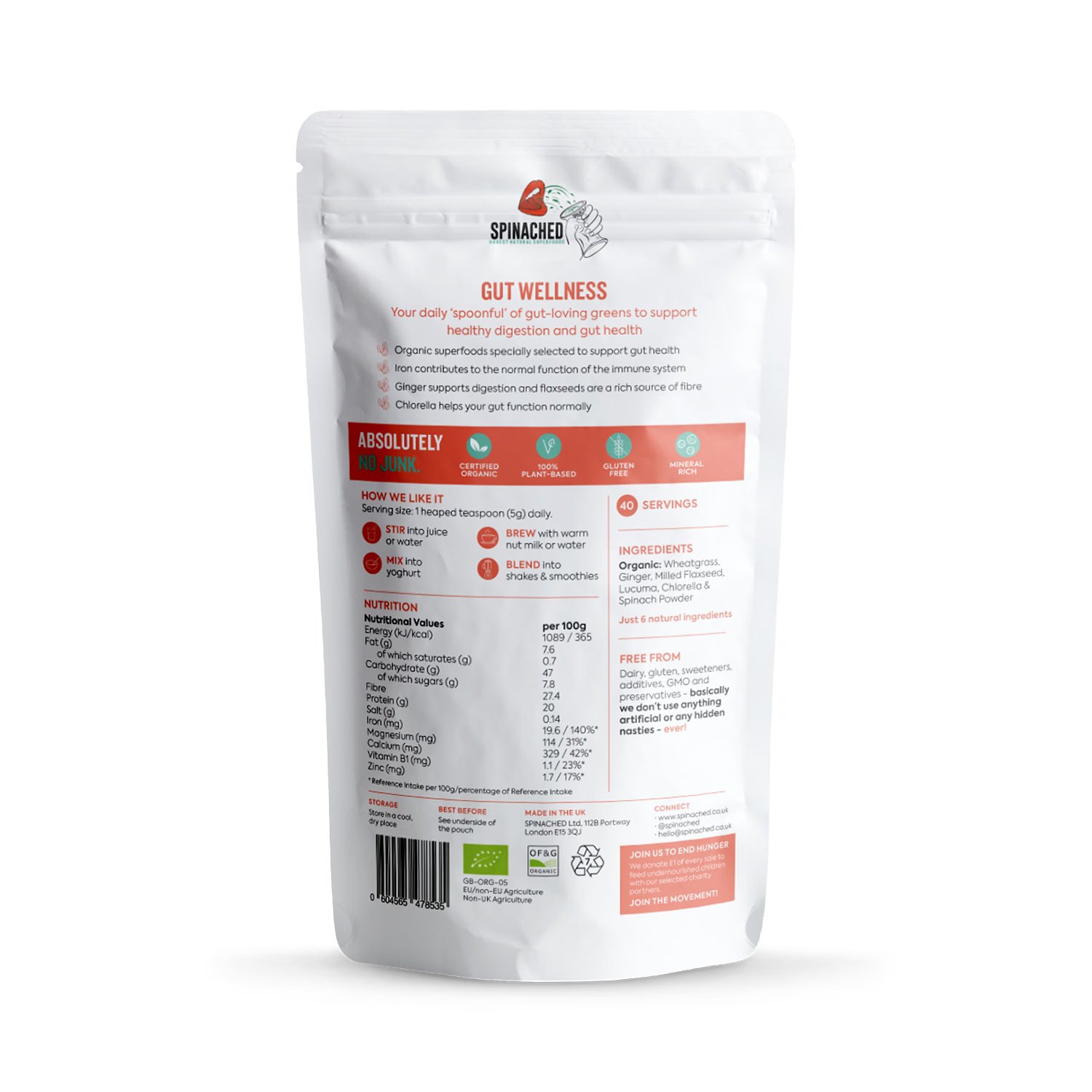 Spinached Gut Wellness superfood powder 200g, UK version
