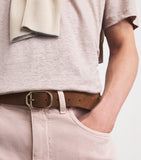 Eleventy suede belt with gold buckle, imported from the UK