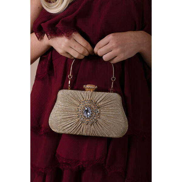 SVNX Ruched Jewel Clutch Bag in Gold, imported from the UK