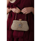 SVNX Ruched Jewel Clutch Bag in Gold, imported from the UK