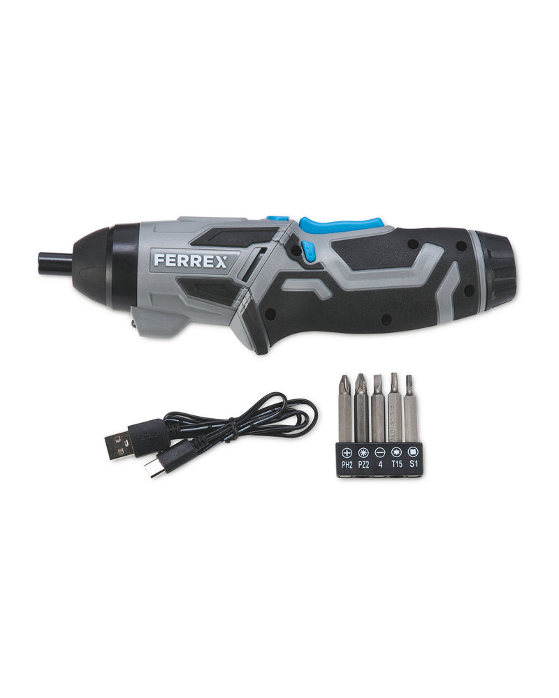 4V power tool assortment with LED torch and turnable handle (British brand)