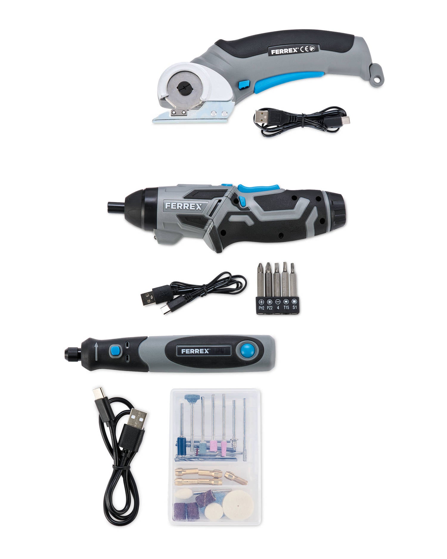 4V power tool assortment with LED torch and turnable handle (British brand)