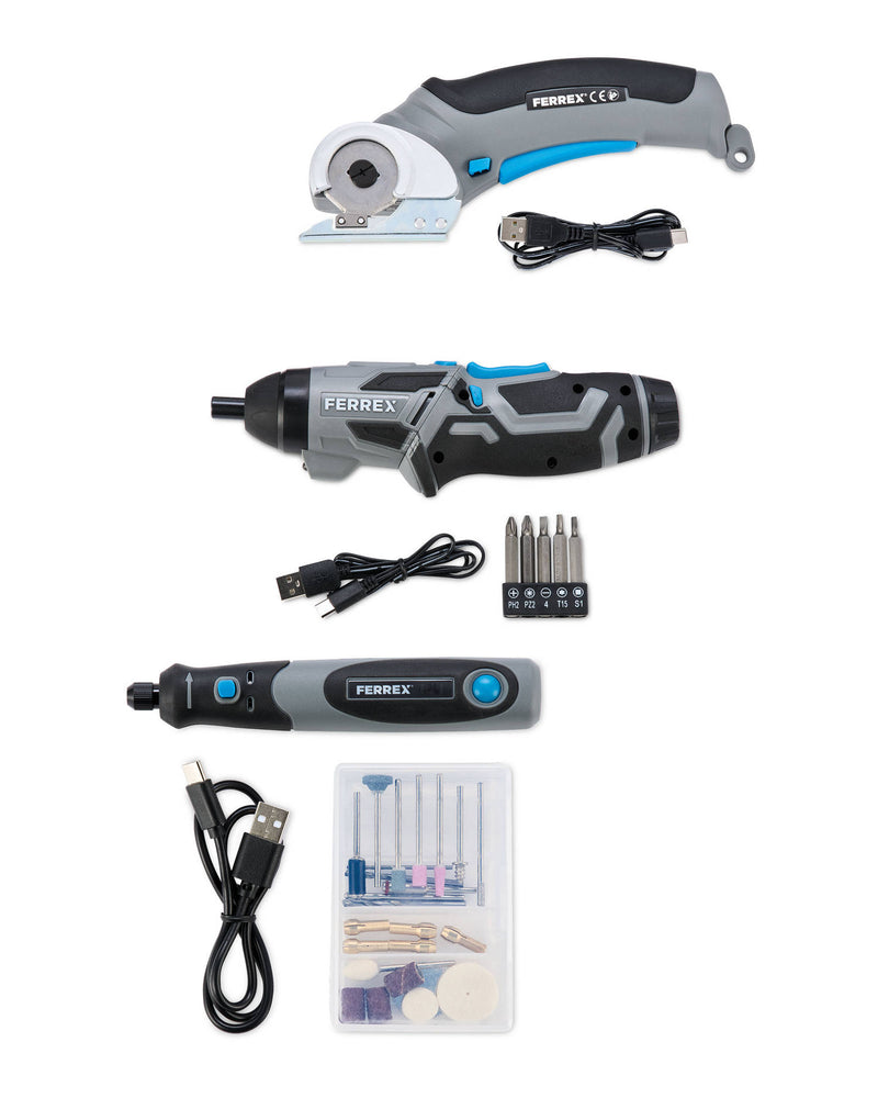 4V power tool assortment with LED torch and turnable handle (British brand)