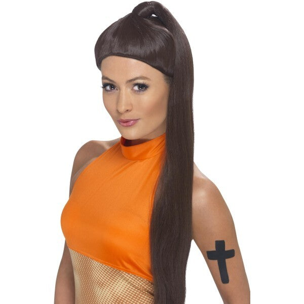 Smiffys Sporty Power Wig brown ponytail wig, imported from the UK